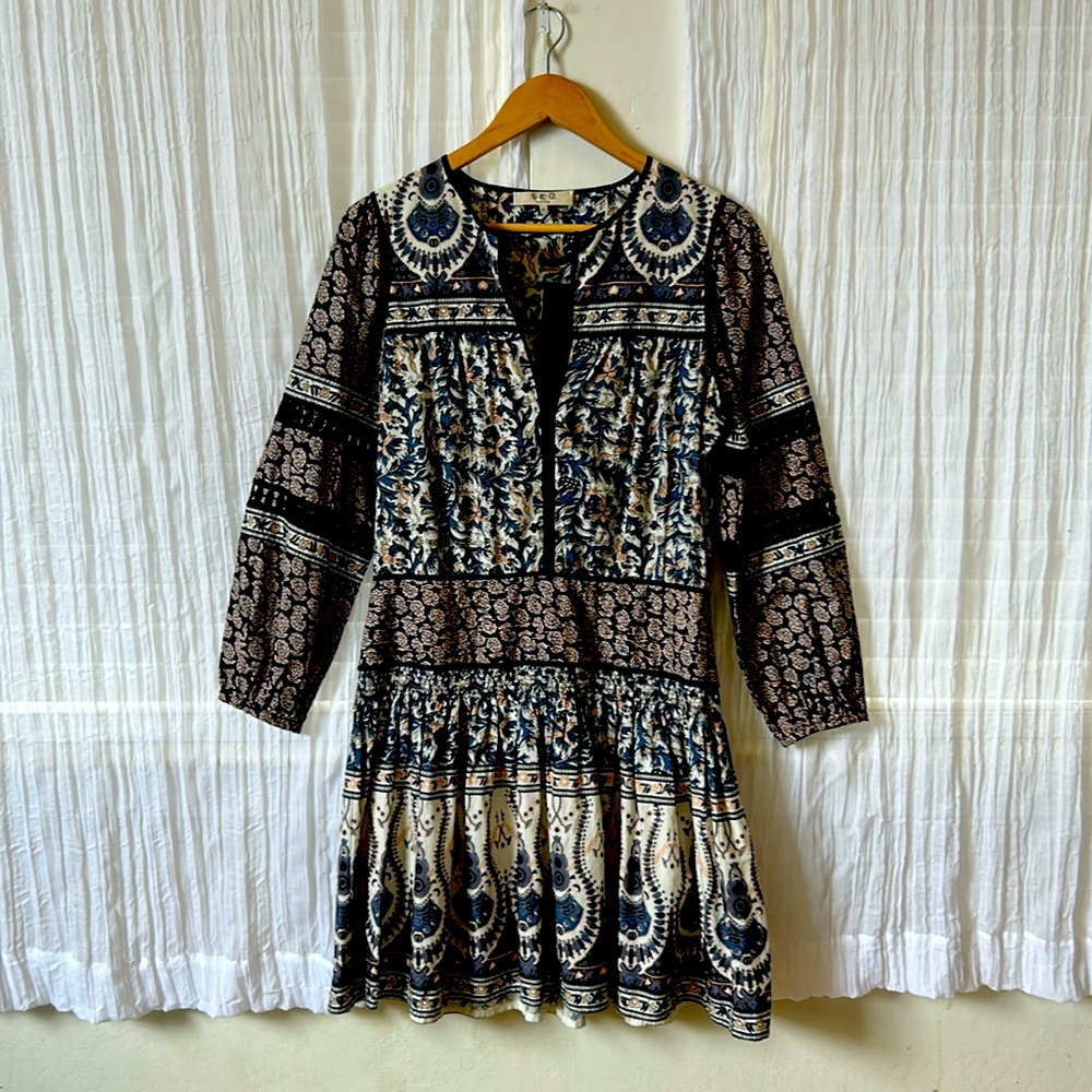 SEA NEW YORK dress, size 8; Blue, Black, Peach, Off White.
